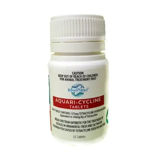 Blue Planet Aquari-Cycline Tablets bottle, broad spectrum antibiotic for treating aquarium fish diseases.