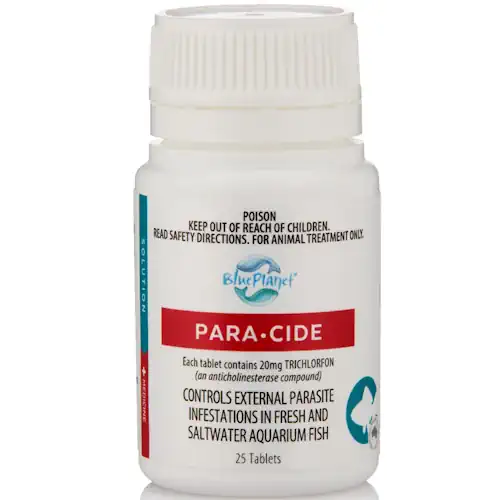 Blue Planet Para-Cide Tablets bottle for controlling external parasite infestations in freshwater and saltwater aquarium fish.