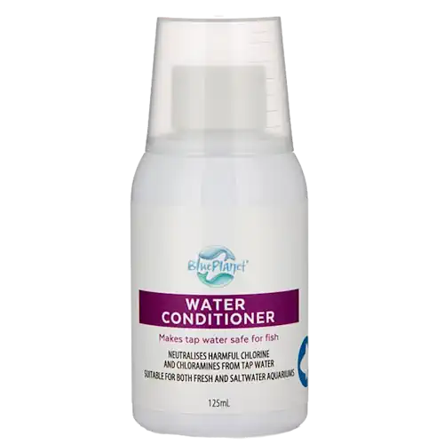 Blue Planet Water Conditioner 125ml bottle for neutralising chlorine and making tap water safe for aquariums.