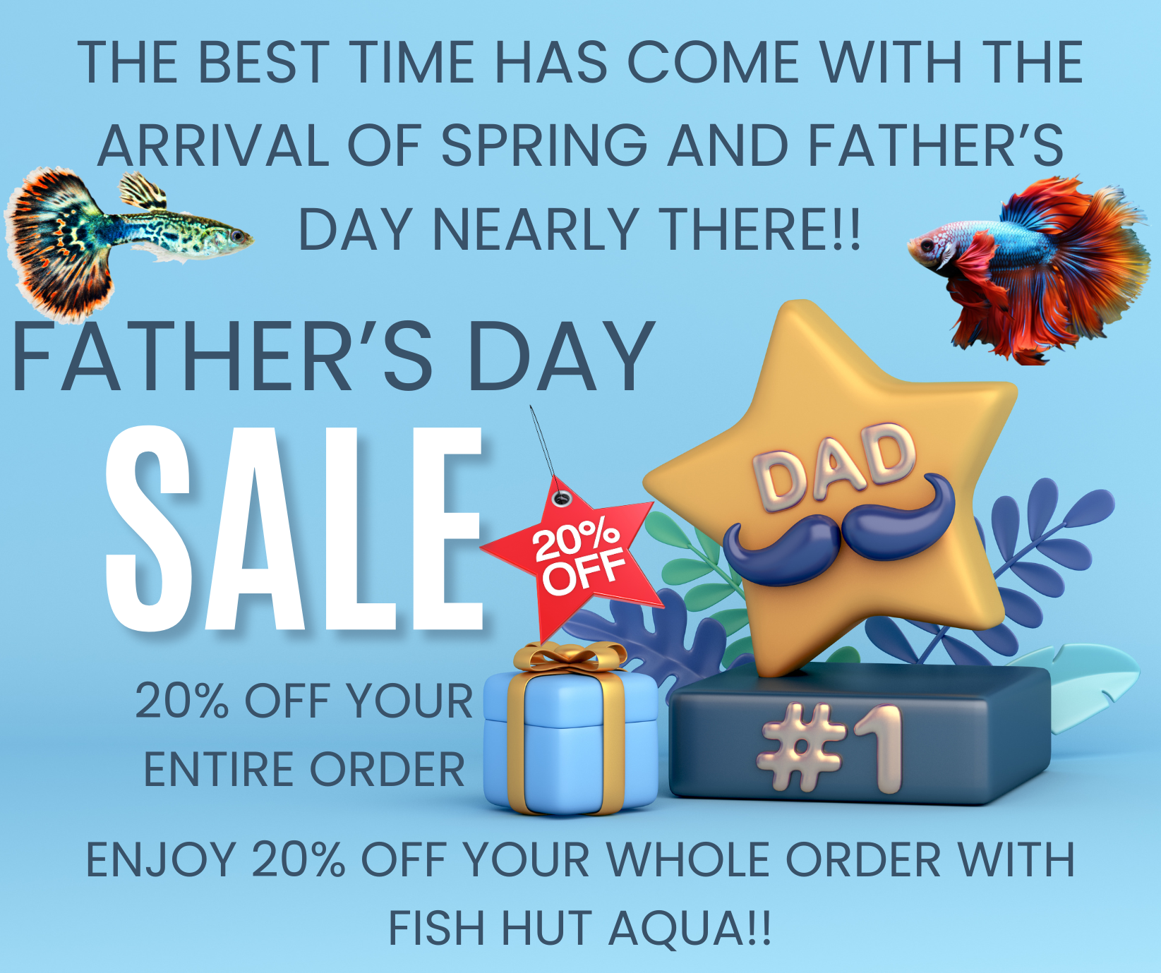 Father’s Day Sale banner with guppy and betta fish, gift box, and 20% off offer from Fish Hut Aqua.
